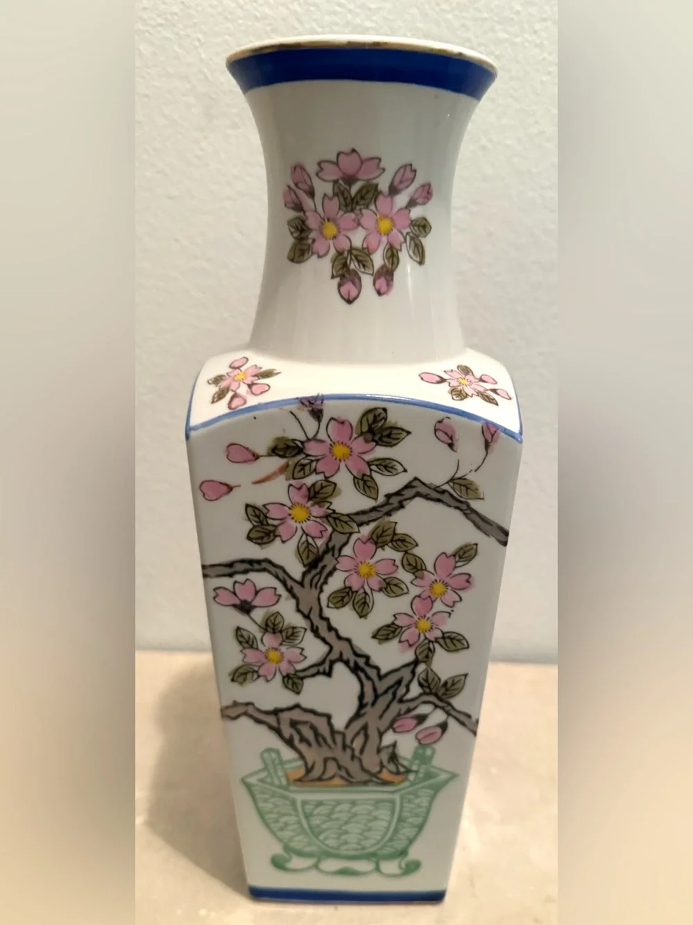 Japanese 12.25” vase. White porcelain hand-painted cherry blossoms & gold rim.